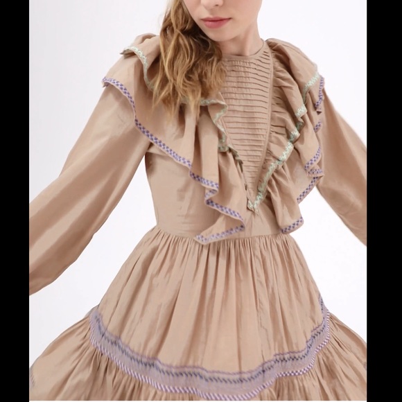 Something Navy Jolie embroidered Ruffle dress tan VGUC - Picture 7 of 16